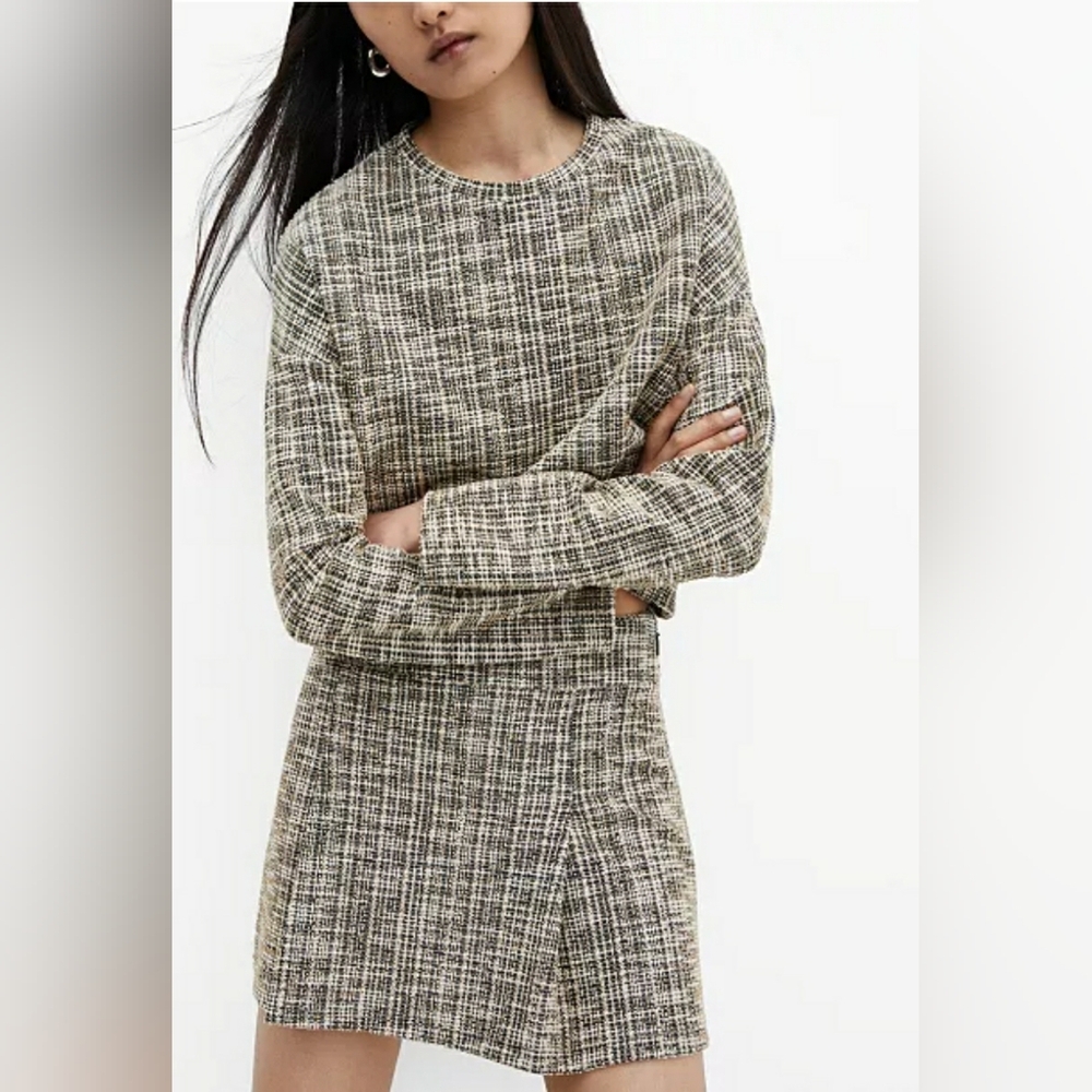 Vacation MANGO Women's Marbled Tweed Sweatshirt - Plaid Long Sleeve Crop Top